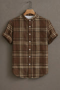 Men's Premium Brown Beige Plaid Check Mandarin Collar Shirt