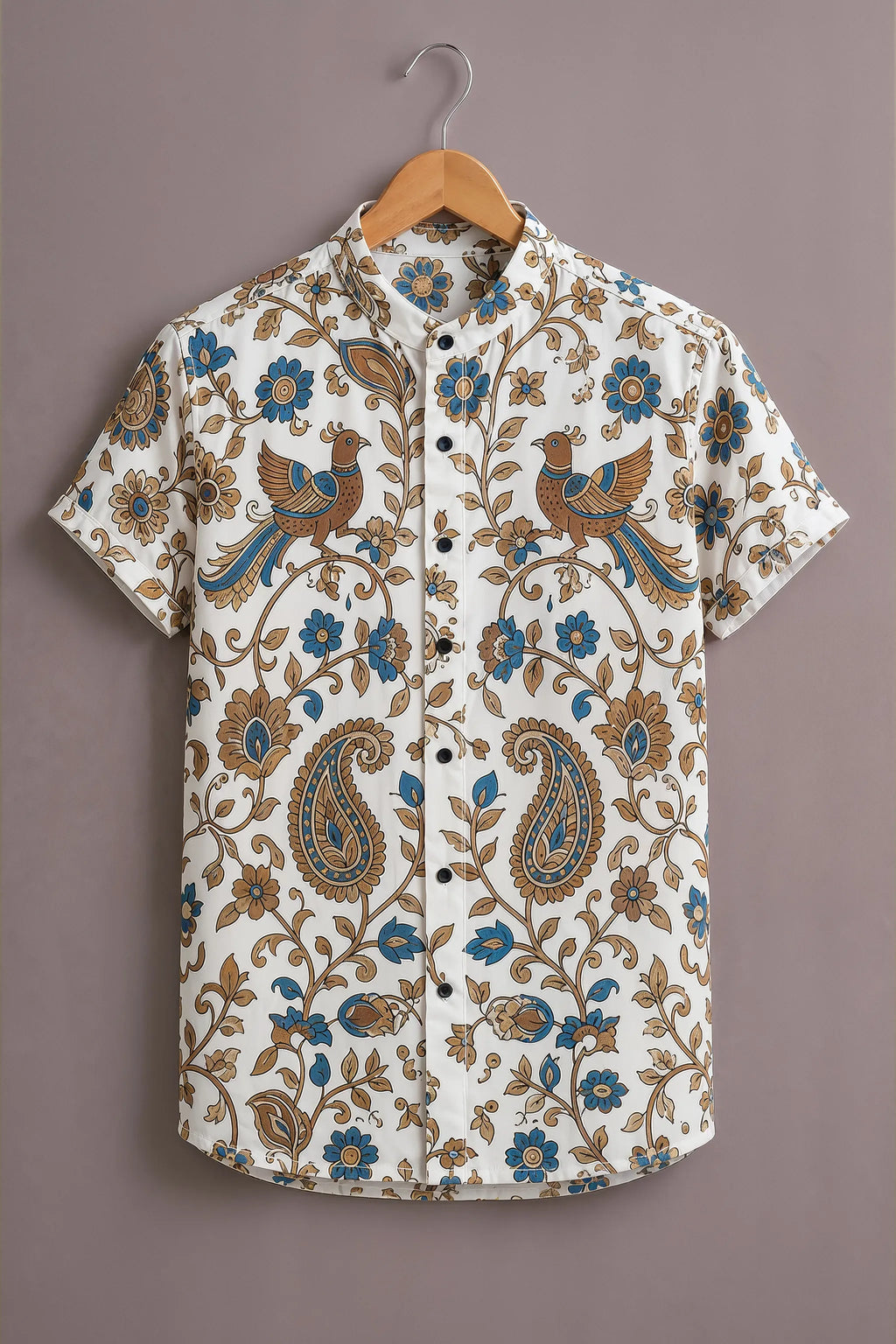 Men's Floral Peacock Print Mandarin Collar Shirt