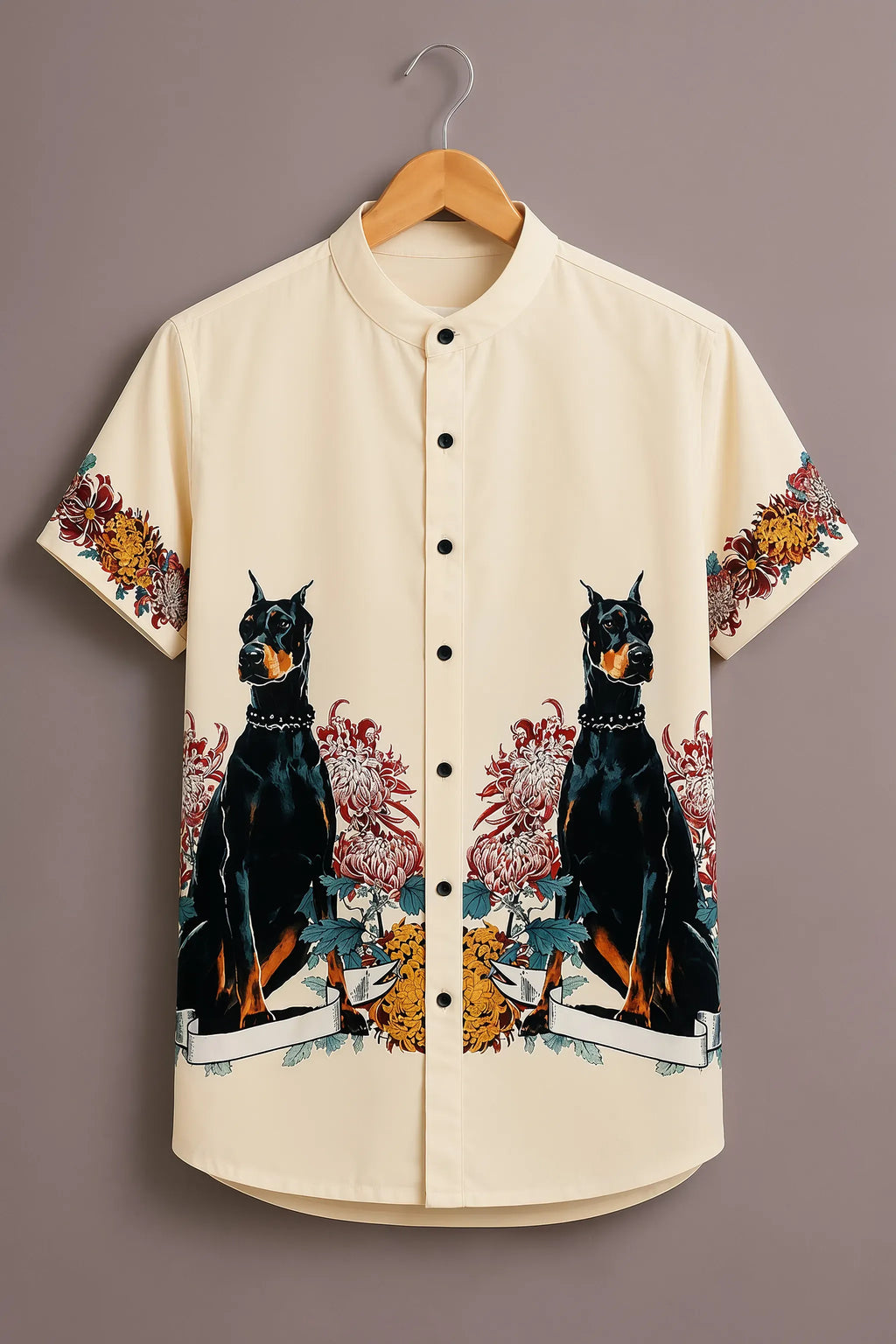 Men's Premium Cream Doberman Floral Print Mandarin Collar Shirt