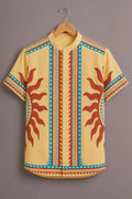 Men's Yellow Ethnic Print Mandarin Collar Shirt