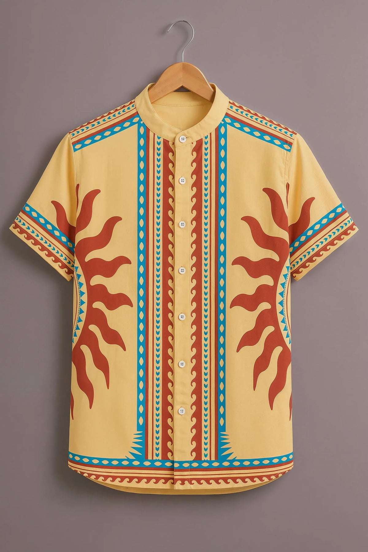 Men's Yellow Ethnic Print Mandarin Collar Shirt