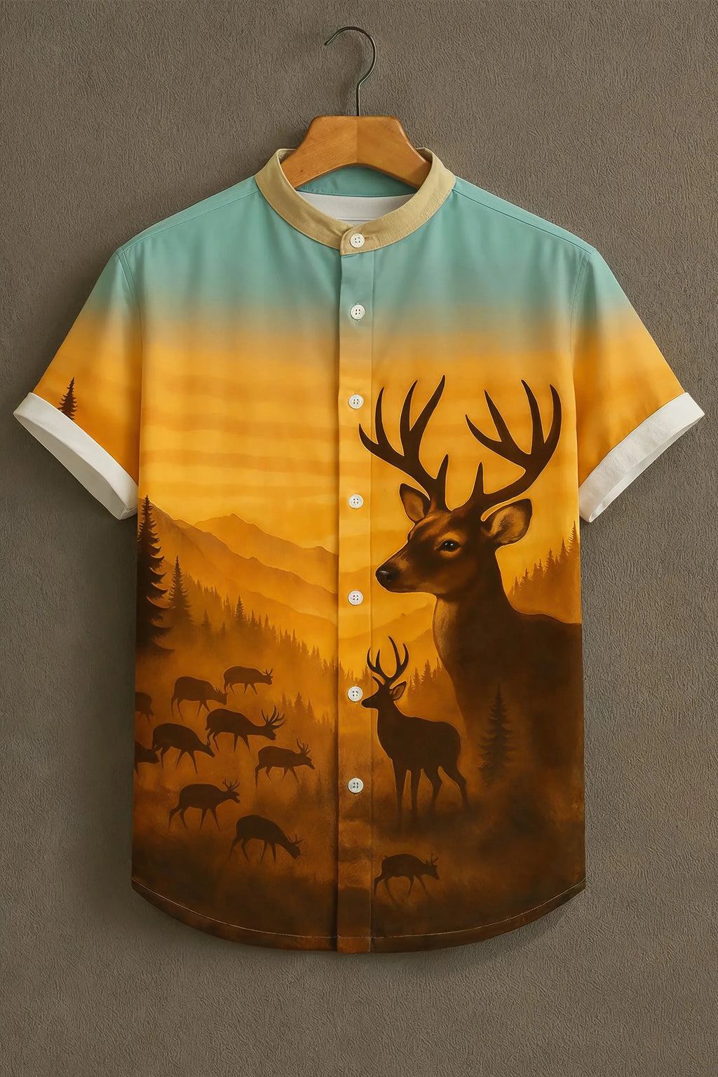Men's Deer Forest Print Mandarin Collar Shirt Orange