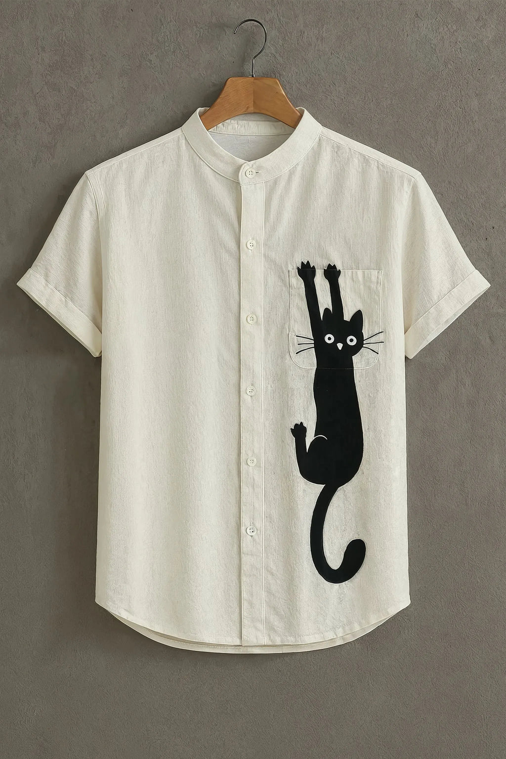 Men's Black Cat Graphic Mandarin Collar Shirt Beige