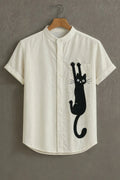 Men's Black Cat Graphic Mandarin Collar Shirt Beige