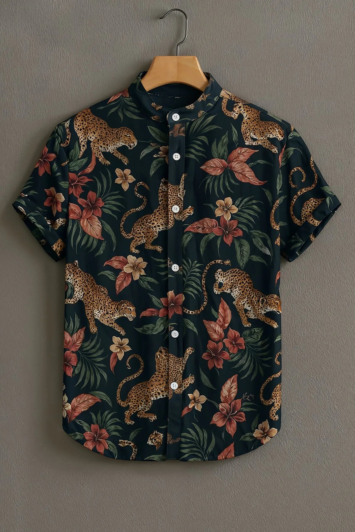 Men's Tropical Leopard Floral Mandarin Collar Half Sleeve Shirt