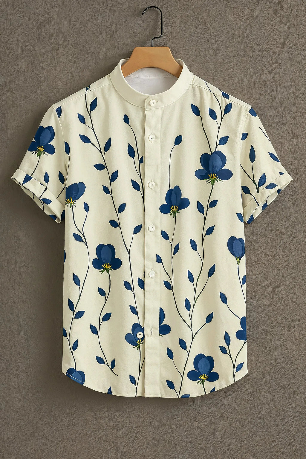 Men's Floral Vine Print Mandarin Collar Cream Blue