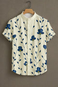 Men's Floral Vine Print Mandarin Collar Cream Blue