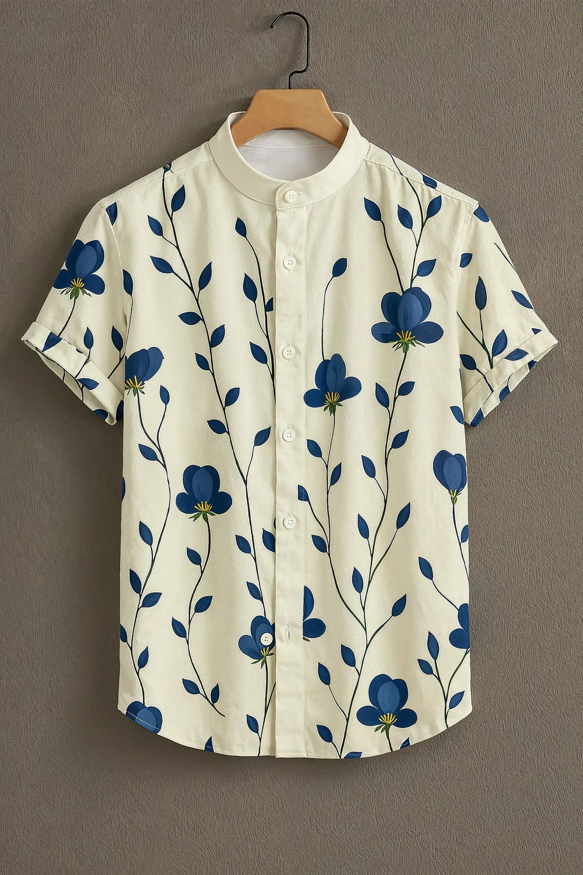 Men's Floral Vine Print Mandarin Collar Cream Blue