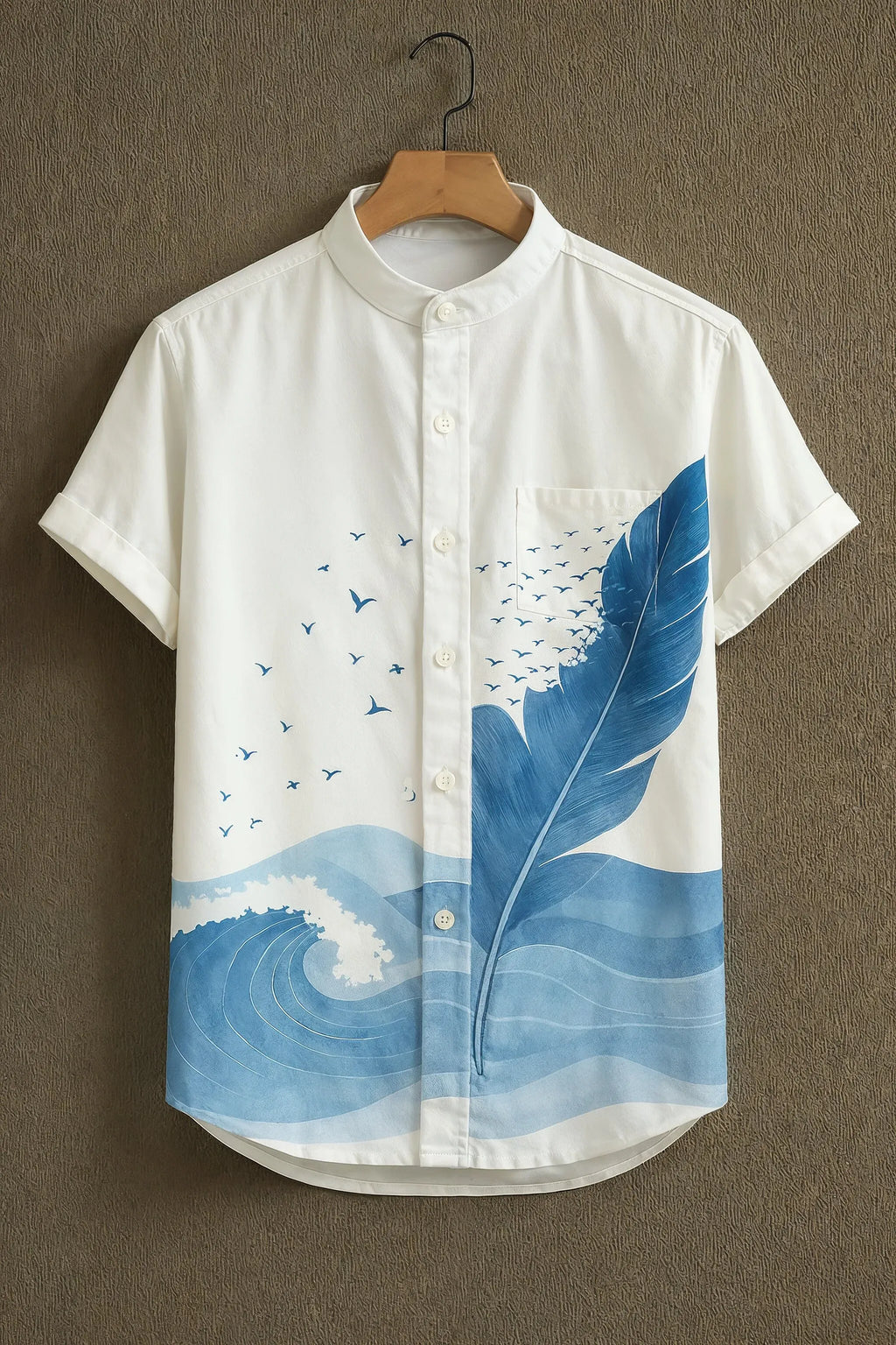 Men's Feather Ocean Wave Mandarin Collar Shirt