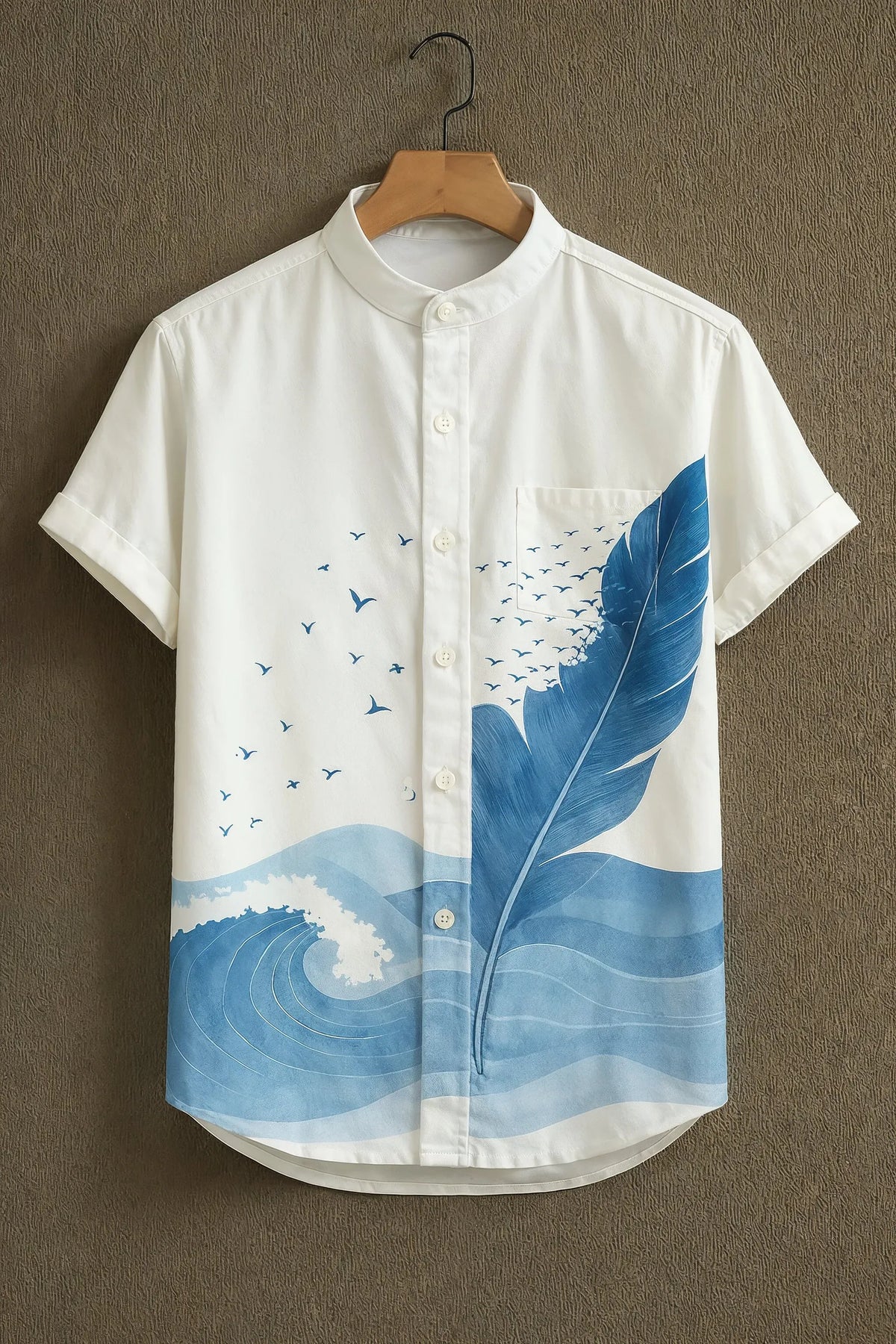 Men's Feather Ocean Wave Mandarin Collar Shirt