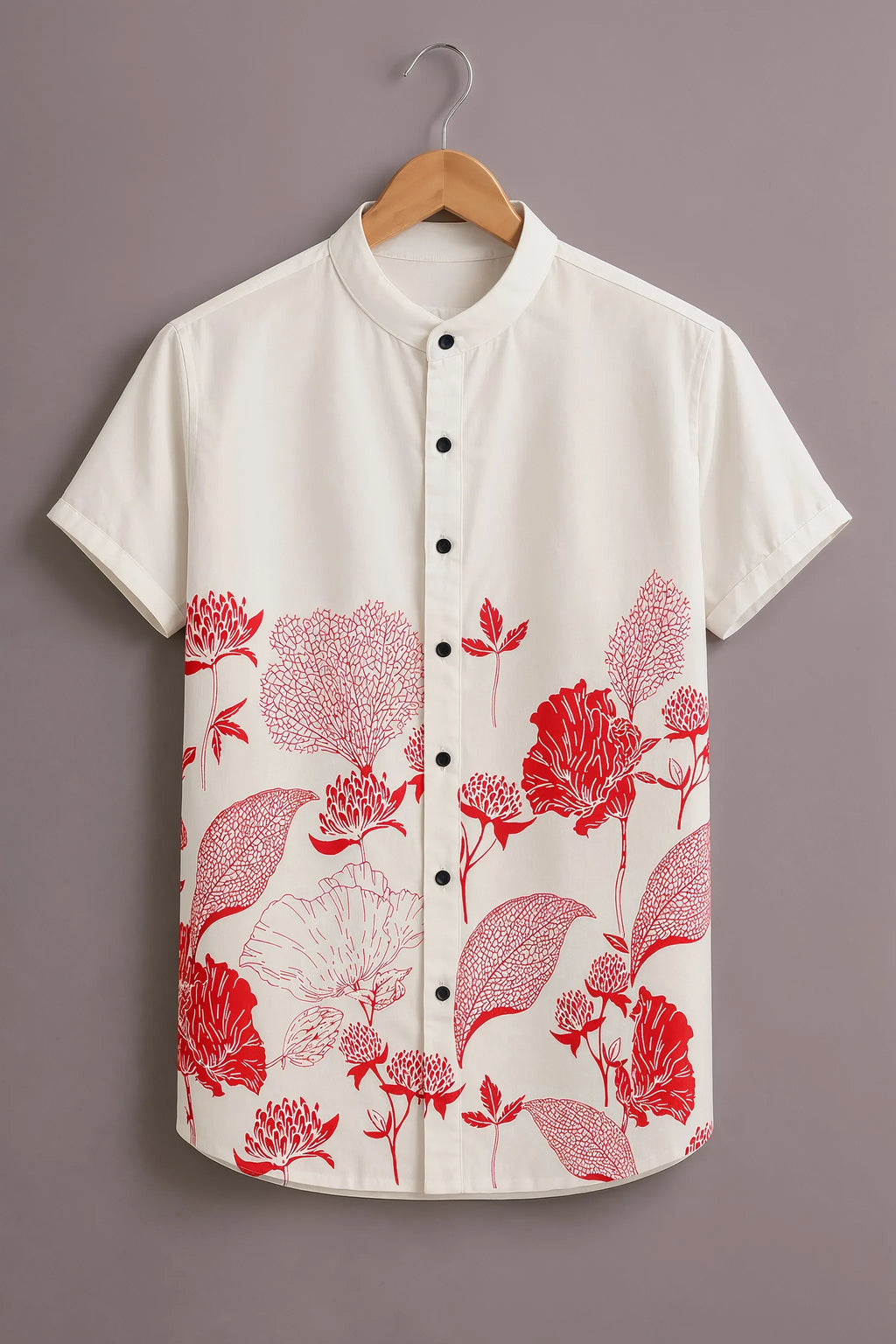 Men's Floral Mandarin Collar Shirt White Red