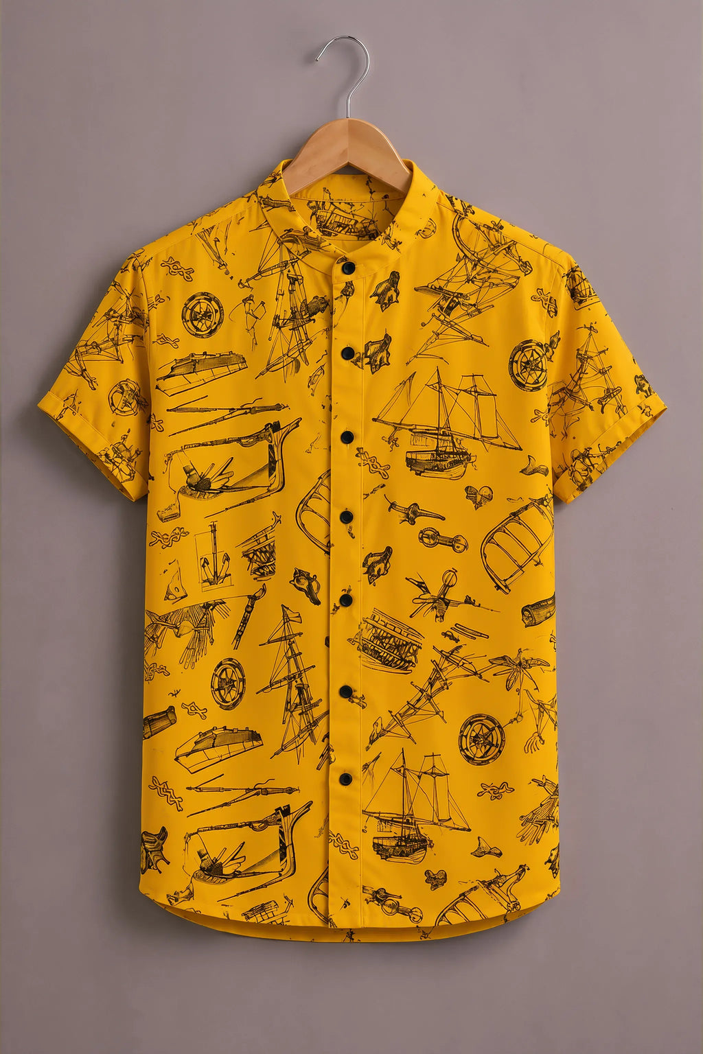 Men's Premium Yellow Vintage Nautical Print Mandarin Collar Shirt