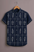 Men's Navy Blue Floral Grid Mandarin Collar Shirt