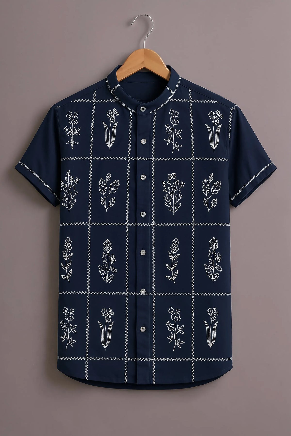 Men's Navy Blue Floral Grid Mandarin Collar Shirt