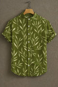 Men's Olive Green Botanical Leaf Print Mandarin Collar Shirt