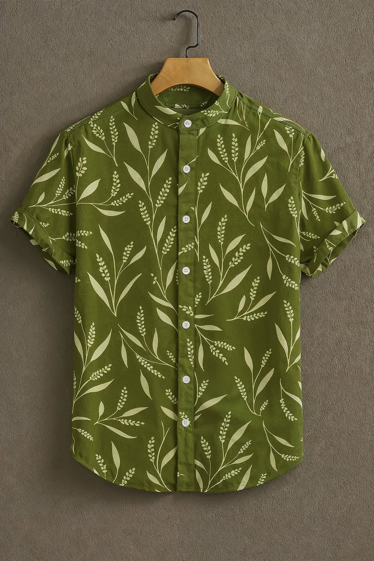 Men's Olive Green Botanical Leaf Print Mandarin Collar Shirt