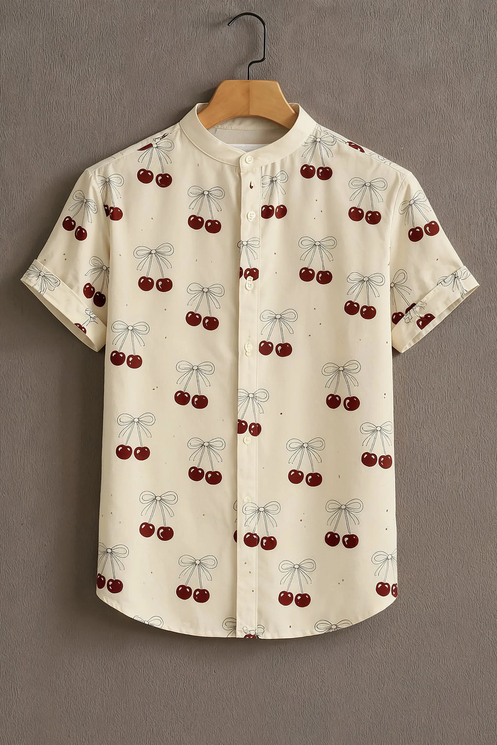 Men's Cream Cherry Bow Print Mandarin Collar Shirt
