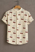 Men's Cream Cherry Bow Print Mandarin Collar Shirt