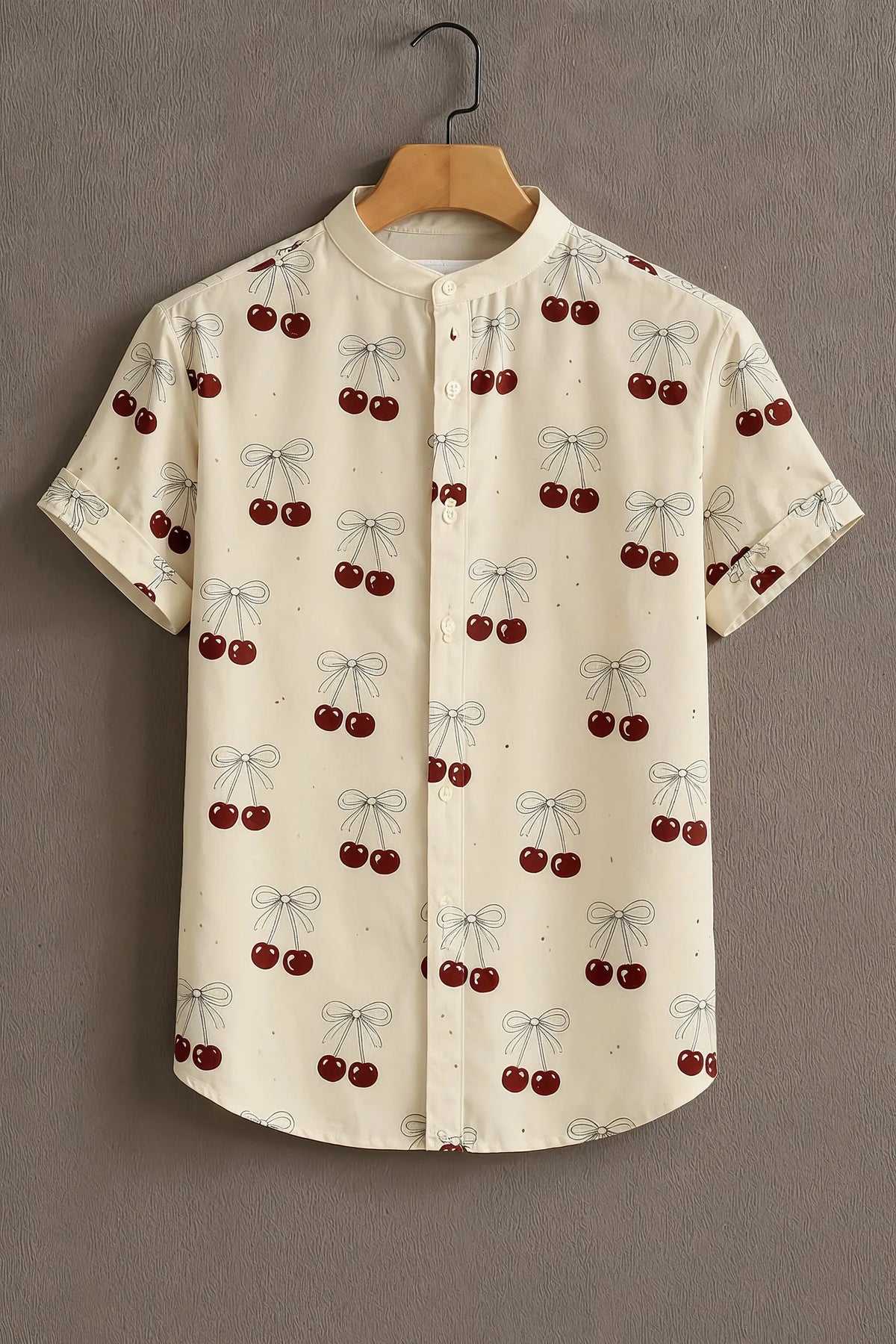 Men's Cream Cherry Bow Print Mandarin Collar Shirt