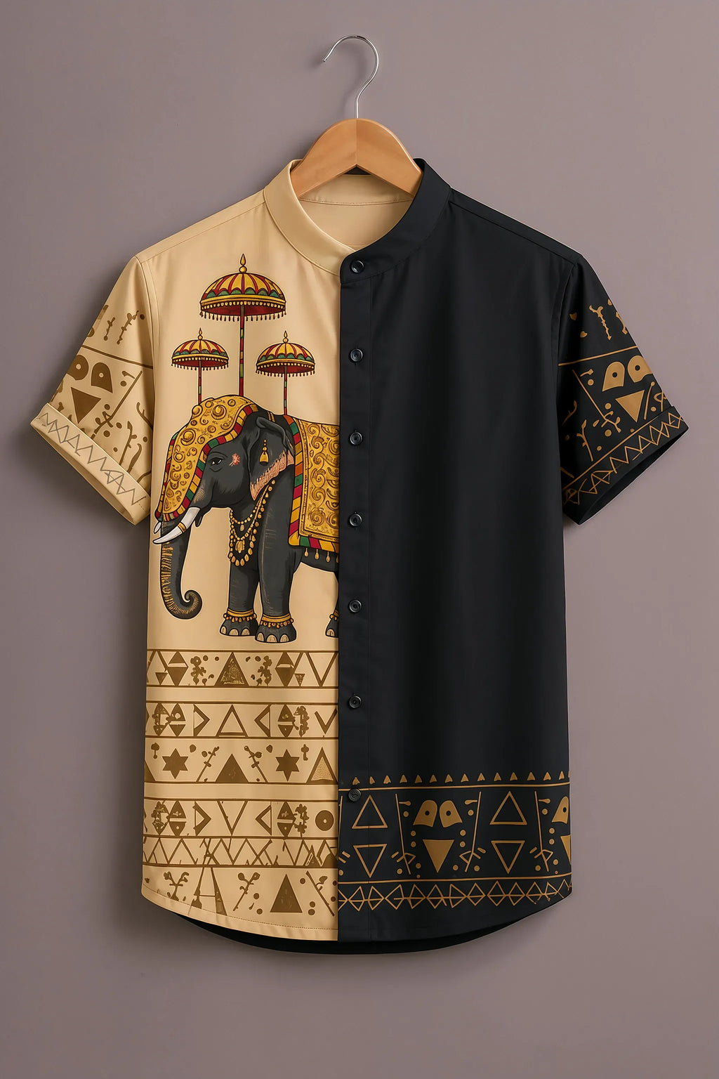 Men's Elephant Print Mandarin Collar Shirt Black Beige