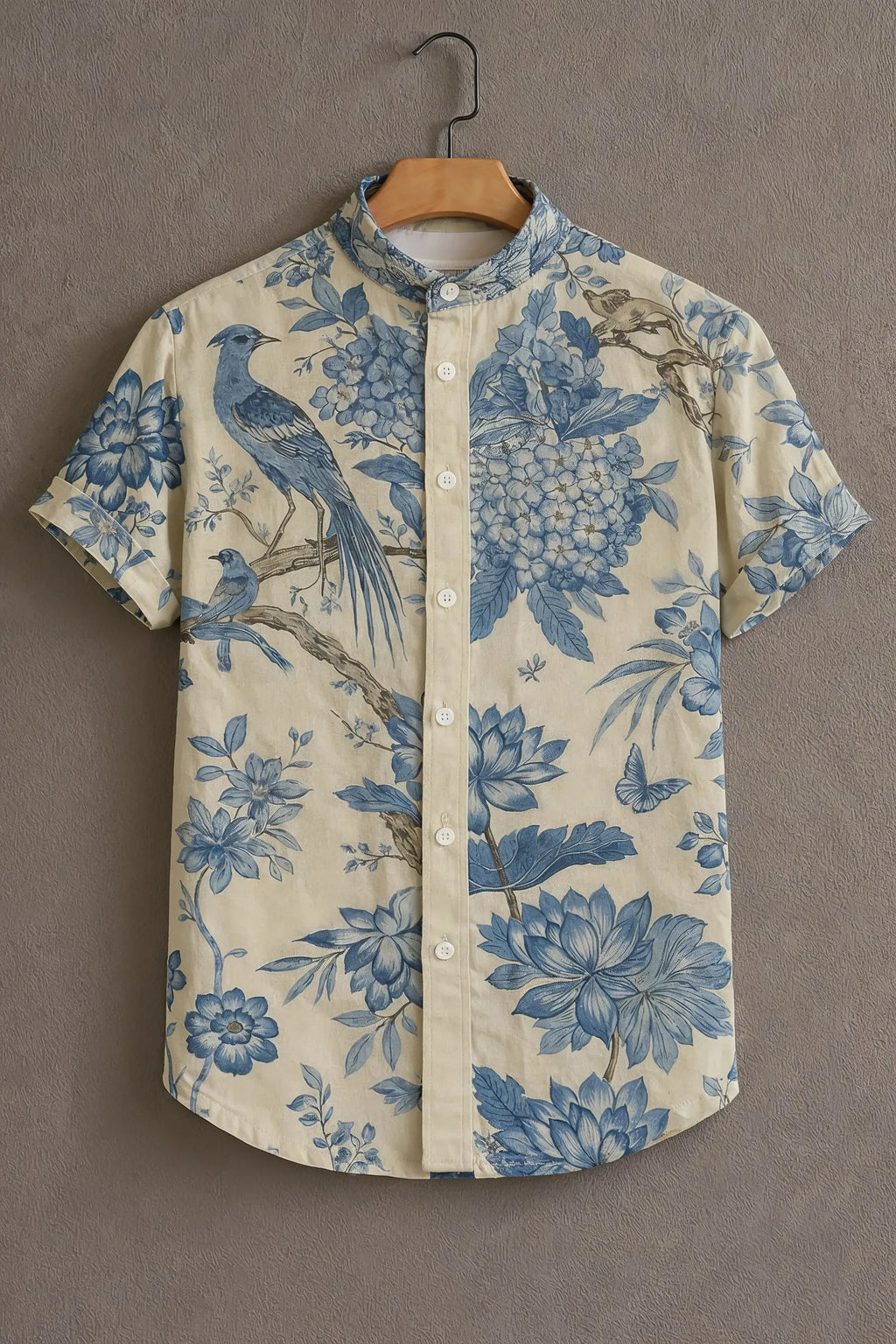 Men's Blue Floral Bird Print Mandarin Collar Shirt