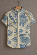 Men's Blue Floral Bird Print Mandarin Collar Shirt