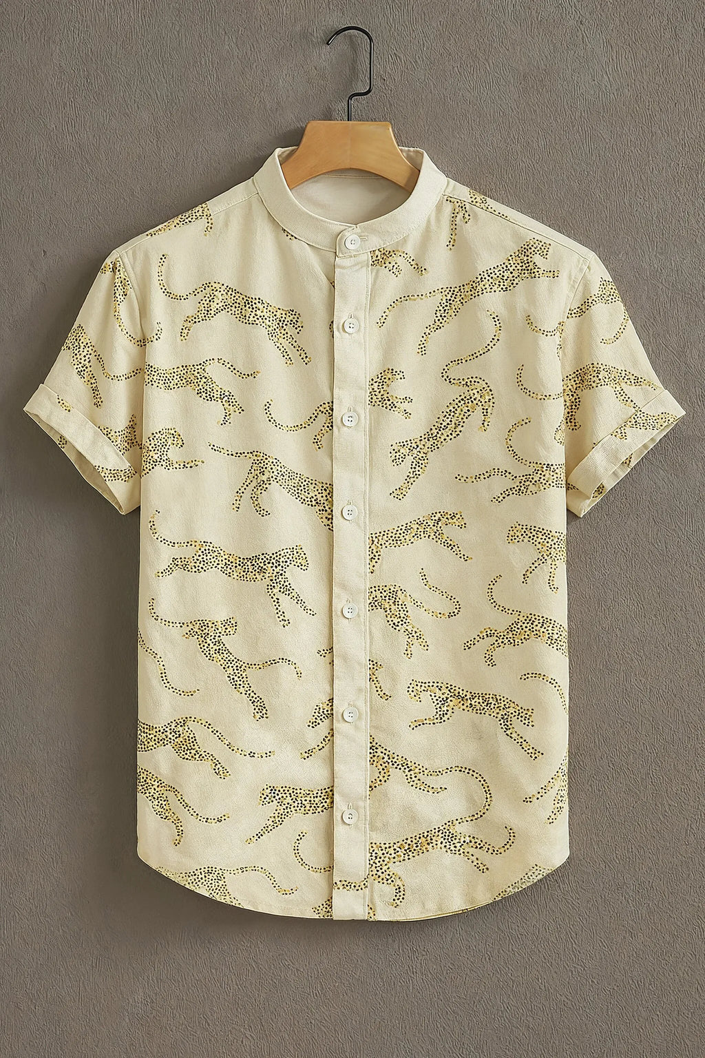 Men's Cream Leopard Print Mandarin Collar Shirt