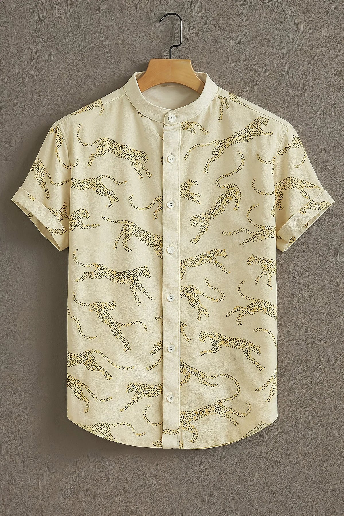 Men's Cream Leopard Print Mandarin Collar Shirt