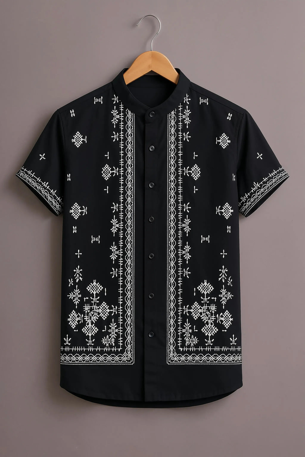 Men's Premium Black Ethnic Embroidered Mandarin Collar Shirt
