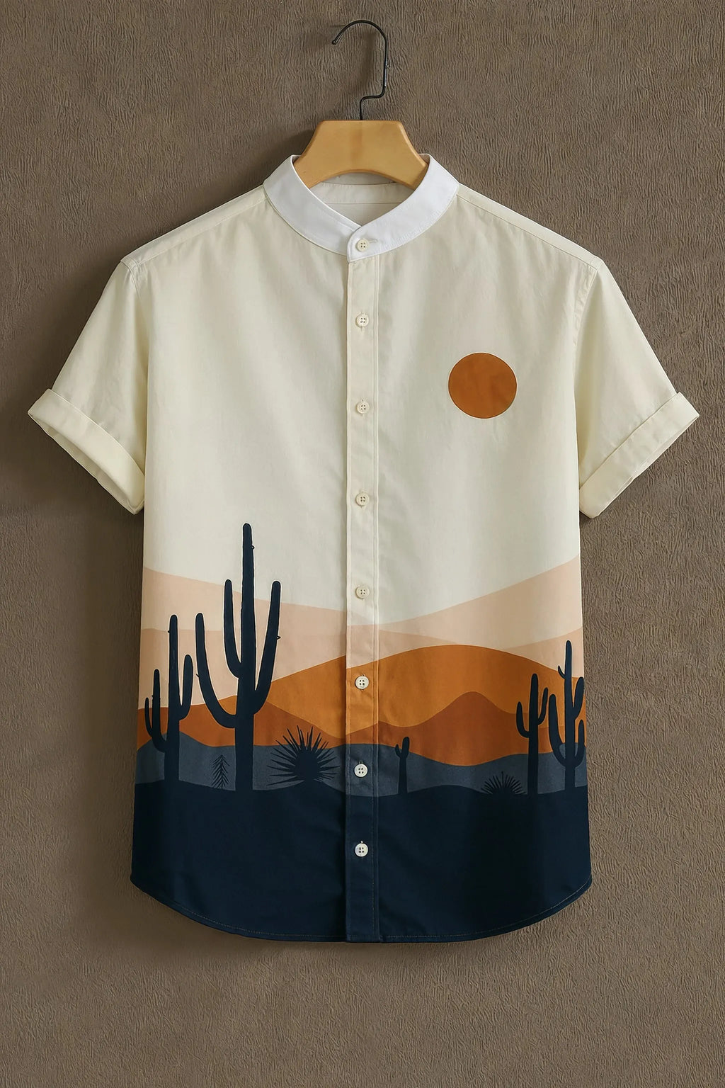 Men's Desert Cactus Sunset Graphic Mandarin Collar Shirt Beige