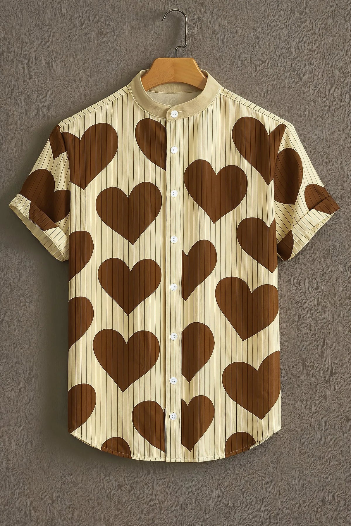 Men's Cream Brown Heart Print Mandarin Collar Shirt