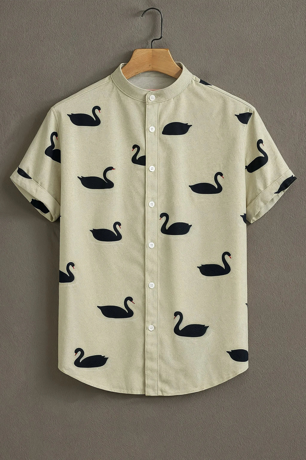 Men's Cream Black Swan Print Mandarin Collar Shirt