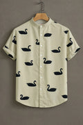 Men's Cream Black Swan Print Mandarin Collar Shirt