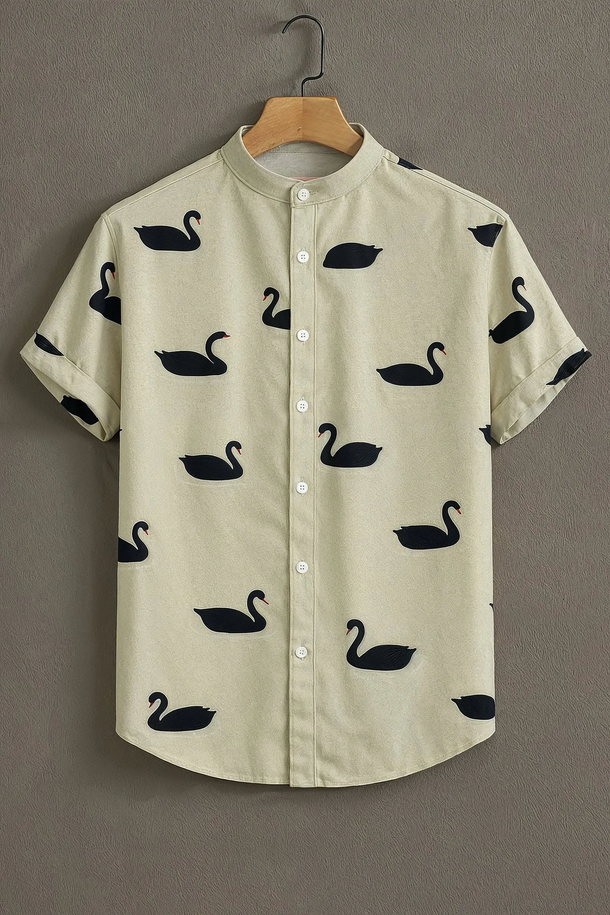 Men's Cream Black Swan Print Mandarin Collar Shirt