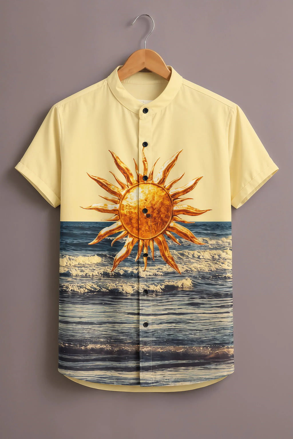 Men's Premium Sun & Ocean Print Mandarin Collar Shirt