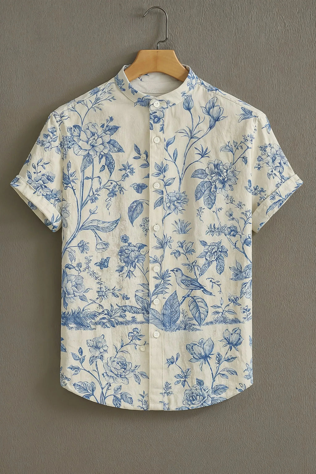 Men's Blue Floral Garden Print Mandarin Collar Shirt