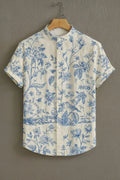 Men's Blue Floral Garden Print Mandarin Collar Shirt