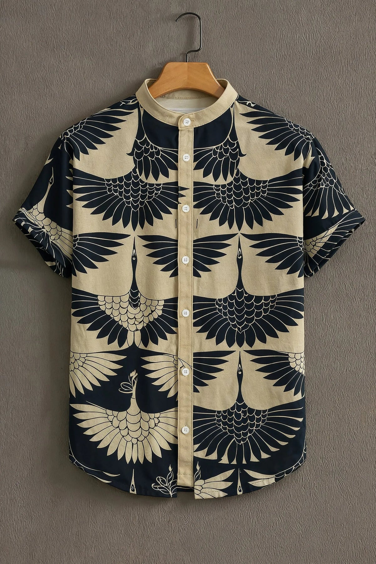 Men's Eagle Print Mandarin Collar Half Sleeve Shirt