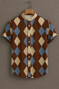 Men's Argyle Mandarin Collar Short Sleeve Shirt Brown Blue