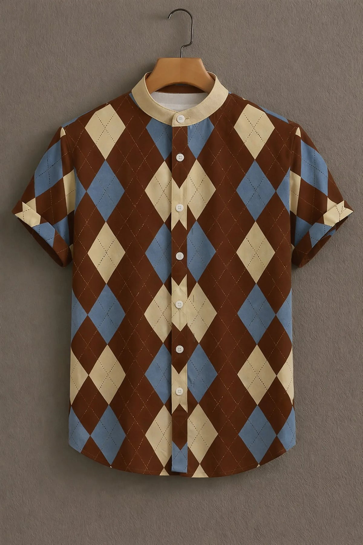 Men's Argyle Mandarin Collar Short Sleeve Shirt Brown Blue