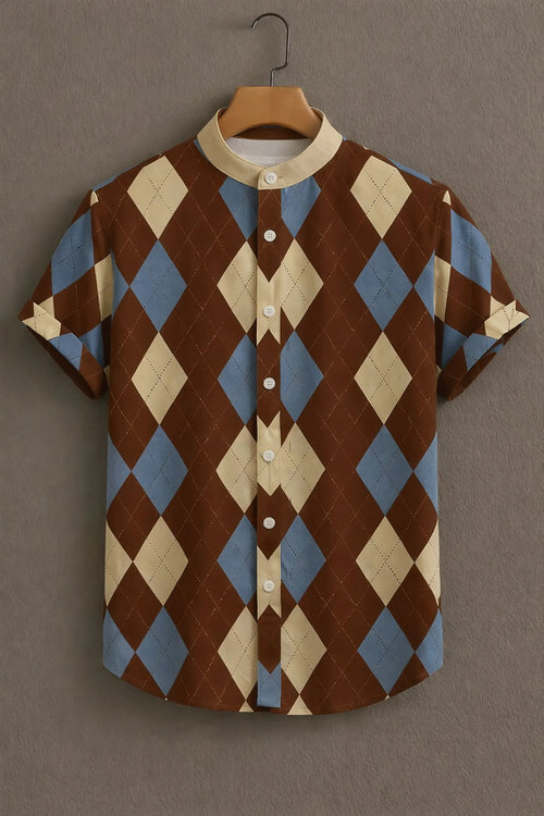Men's Argyle Mandarin Collar Short Sleeve Shirt Brown Blue