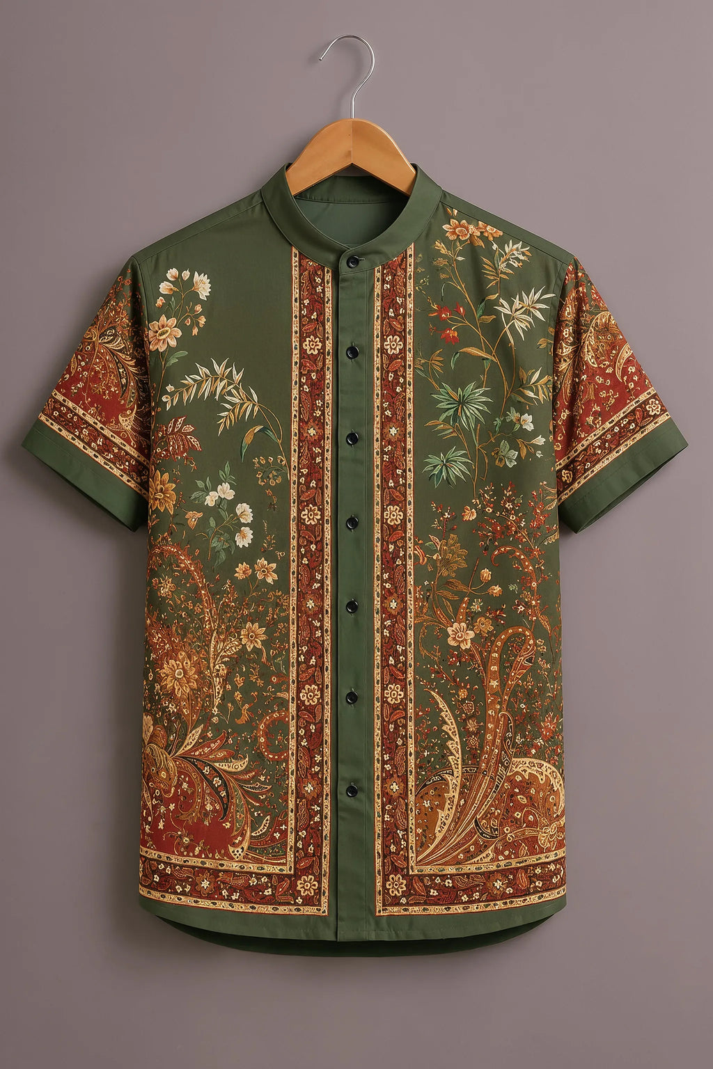Men's Olive Green Floral Paisley Mandarin Collar Shirt