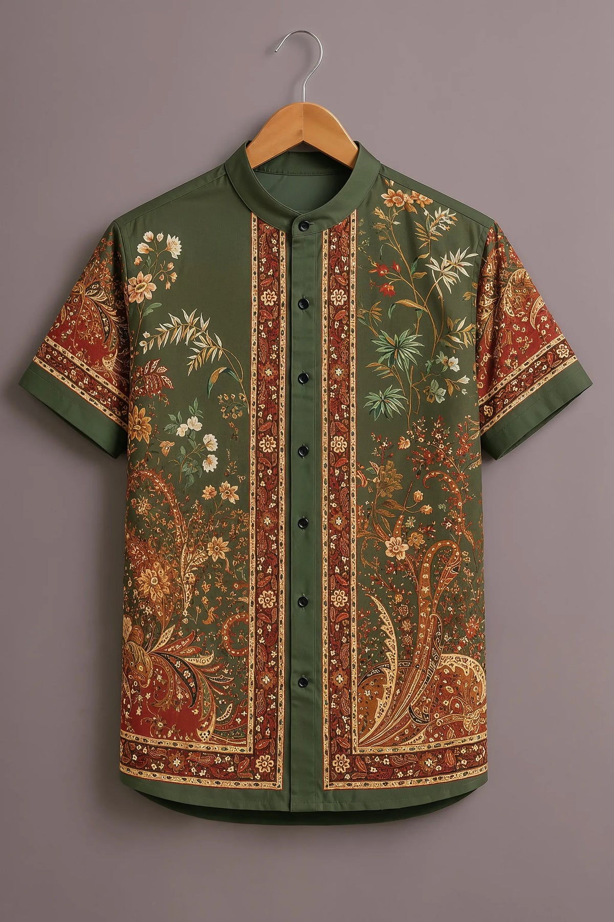 Men's Olive Green Floral Paisley Mandarin Collar Shirt