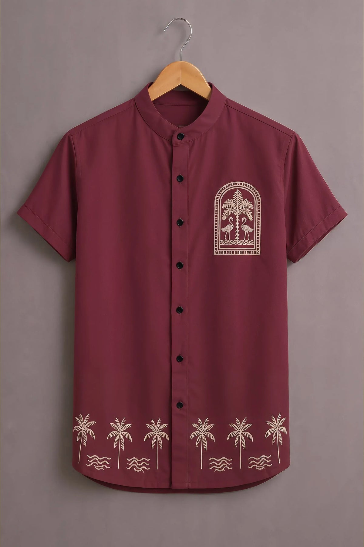 Men's Palm Tree Embroidered Mandarin Collar Shirt