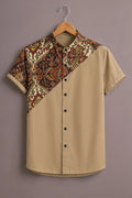 Men's Beige Geometric Ethnic Print Mandarin Collar Shirt