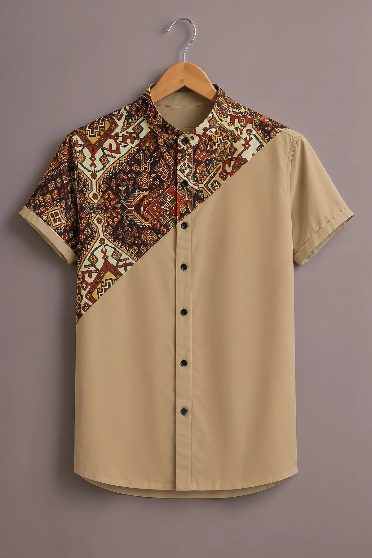 Men's Beige Geometric Ethnic Print Mandarin Collar Shirt