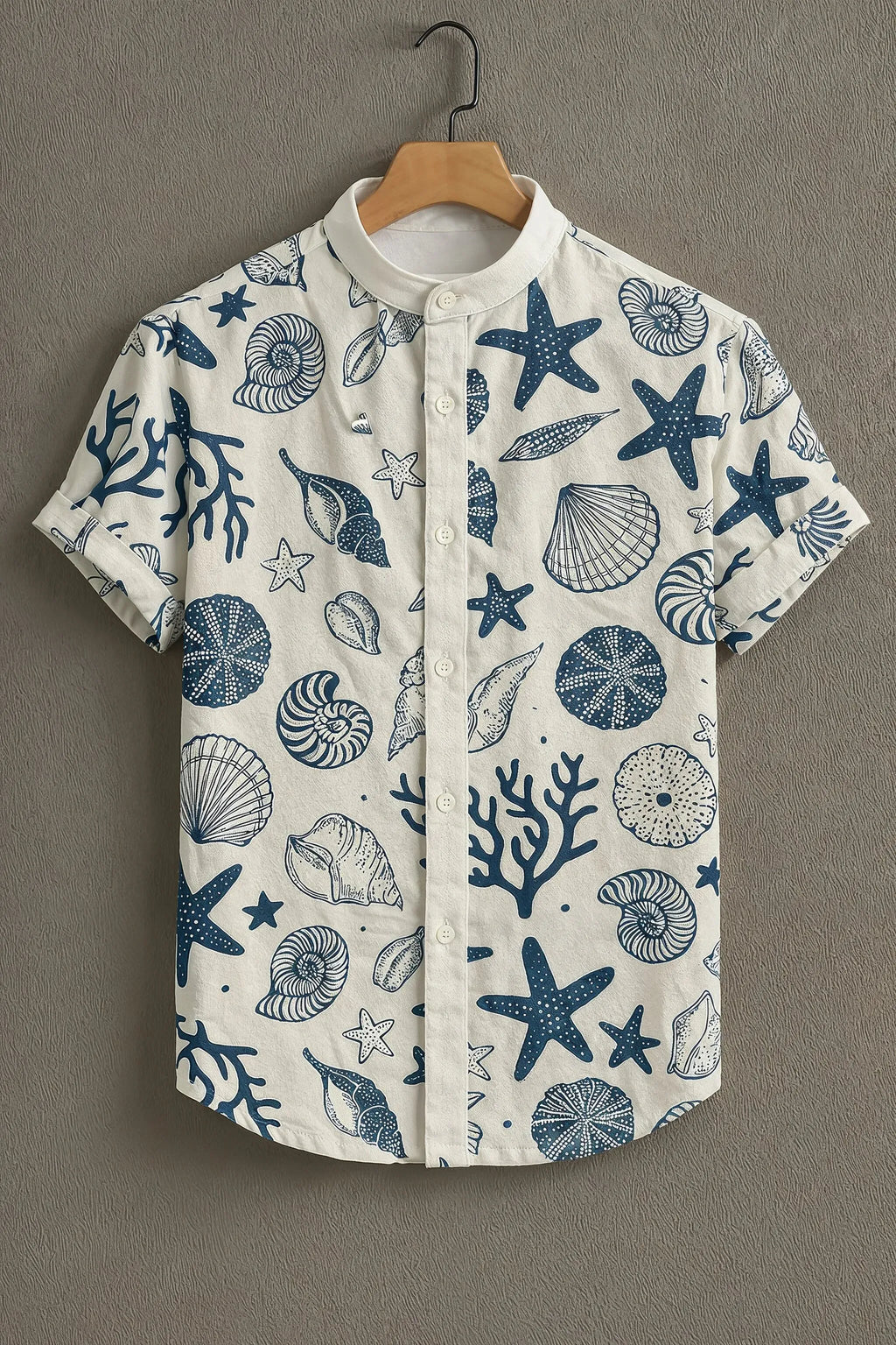 Men's Seashell Starfish Print Mandarin Collar Shirt