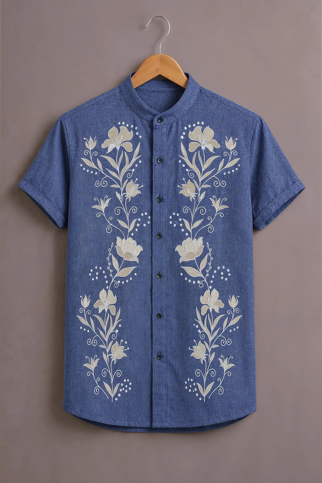Men's Blue Floral Embroidered Mandarin Collar Shirt