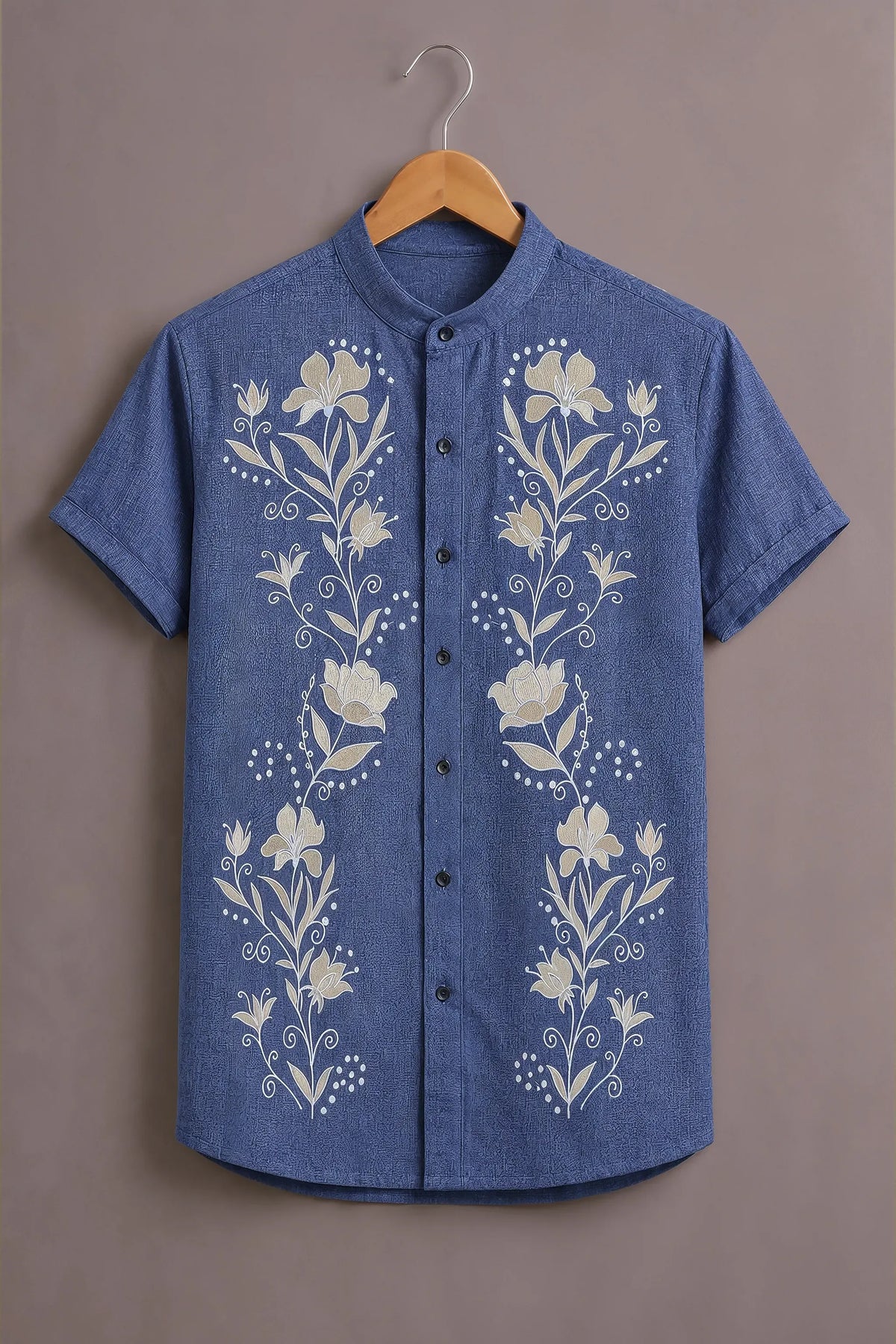 Men's Blue Floral Embroidered Mandarin Collar Shirt
