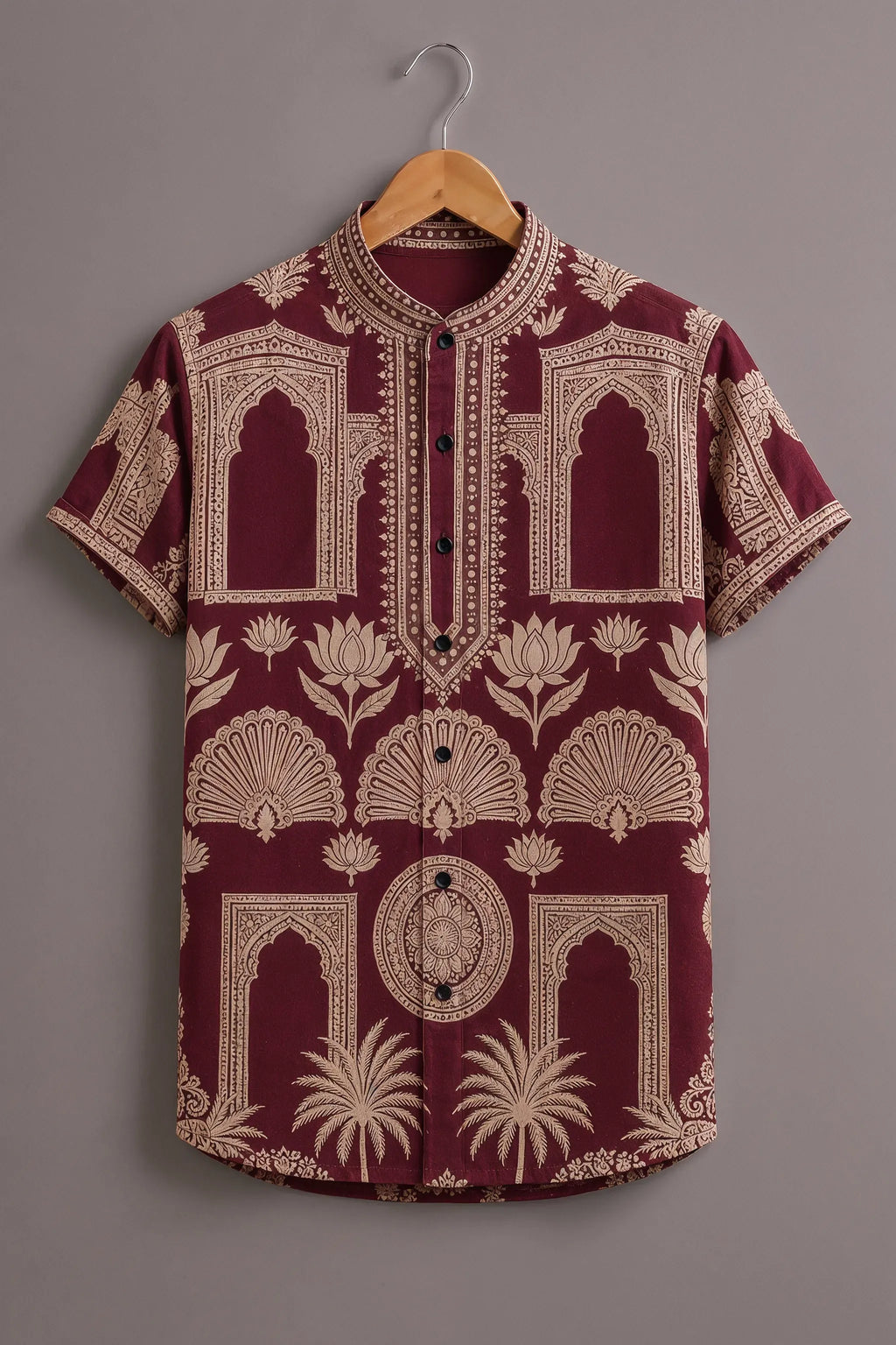 Men's Premium Maroon Heritage Print Mandarin Collar Shirt